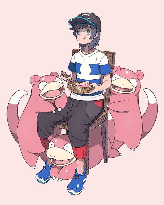 1boy :t bangs baseball_cap black_hair black_hat bowl capri_pants chair eating green_eyes half-closed_eyes hat male_focus male_protagonist_(pokemon_sm) maruco pants pink_background pokemon pokemon_(creature) pokemon_(game) pokemon_sm shirt shoes short_hair simple_background sitting slowpoke sneakers striped striped_shirt swept_bangs t-shirt wooden_chair wooden_spoon