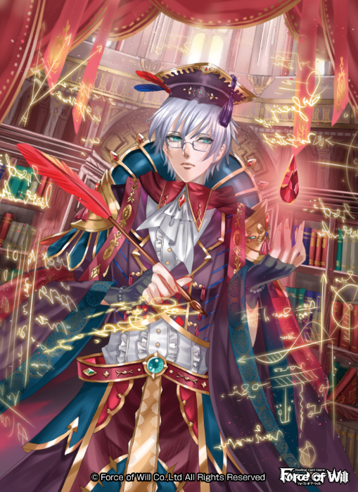 1boy alisaris_(force_of_will) banamons belt blue_eyes book company_name feathers fingerless_gloves force_of_will gem glasses gloves hat magic male_focus official_art pencil solo white_hair