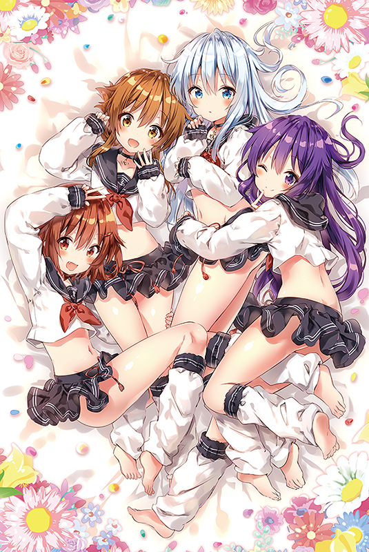 4girls :d :o ;) akatsuki_(kantai_collection) anchor_choker anchor_symbol arm_up bangs barefoot bed_sheet black_skirt blue_eyes blush brown_eyes brown_hair choker closed_mouth collarbone commentary_request eyebrows_visible_through_hair finger_to_mouth flower folded_ponytail from_above full_body hair_between_eyes hair_ornament hairclip hand_gesture hibiki_(kantai_collection) ikazuchi_(kantai_collection) inazuma_(kantai_collection) kantai_collection leg_warmers looking_at_viewer looking_up lying multiple_girls navel neckerchief no_headwear on_back on_side one_eye_closed open_mouth parted_lips petals purple_hair red_eyes red_neckerchief redhead riichu school_uniform serafuku shiny shiny_skin short_hair silver_hair skirt smile stomach tareme tassel thigh_gap thighs v violet_eyes