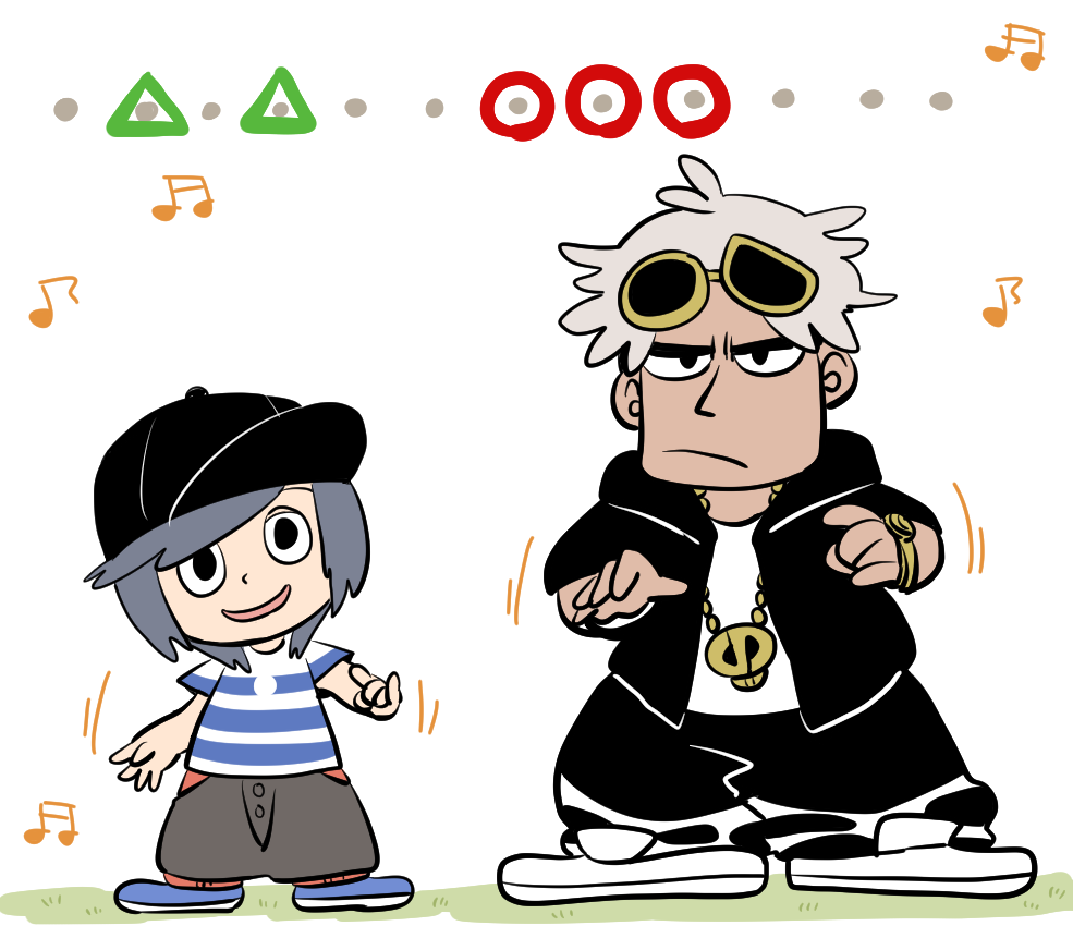 2boys bangs baseball_cap black_eyes black_hair black_hat capri_pants chain_necklace chains gameplay_mechanics gold_chain grass grey_eyes grey_hair guzuma_(pokemon) hat hood hoodie keriage male_focus male_protagonist_(pokemon_sm) multicolored_hair multiple_boys musical_note pants parappa_the_rapper parody pokemon pokemon_(game) pokemon_sm shirt silver_hair simple_background striped striped_shirt style_parody sunglasses sunglasses_on_head sweatpants swept_bangs t-shirt two-tone_hair watch white_background white_hair