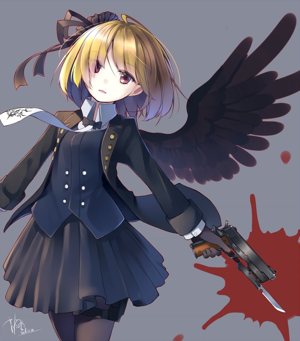 1girl 2016 bayonet black_gloves black_legwear black_ribbon black_skirt black_wings blonde_hair bow bowtie buttons commentary cowboy_shot dated eyes_visible_through_hair feathered_wings gloves gothic_lolita grey_background gun hair_ornament hair_over_one_eye hair_ribbon handgun holding holding_gun holding_weapon holster jacket lolita_fashion long_sleeves looking_at_viewer m1911 makadamixa necktie original outstretched_arms paint_splatter pantyhose parted_lips pistol pleated_skirt red_eyes ribbon short_hair signature simple_background single_wing skirt solo thigh_holster trigger_discipline vest weapon wing_collar wings
