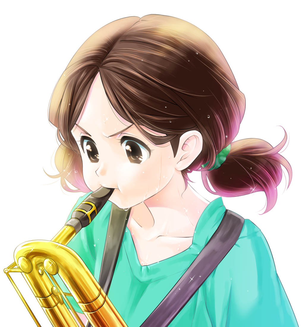 1girl baritone_saxophone brown_eyes brown_hair hibike!_euphonium instrument music ogasawara_haruka playing_instrument saxophone shirt simple_background solo sweat sweating sweating_profusely t-shirt tuqi_pix twintails white_background