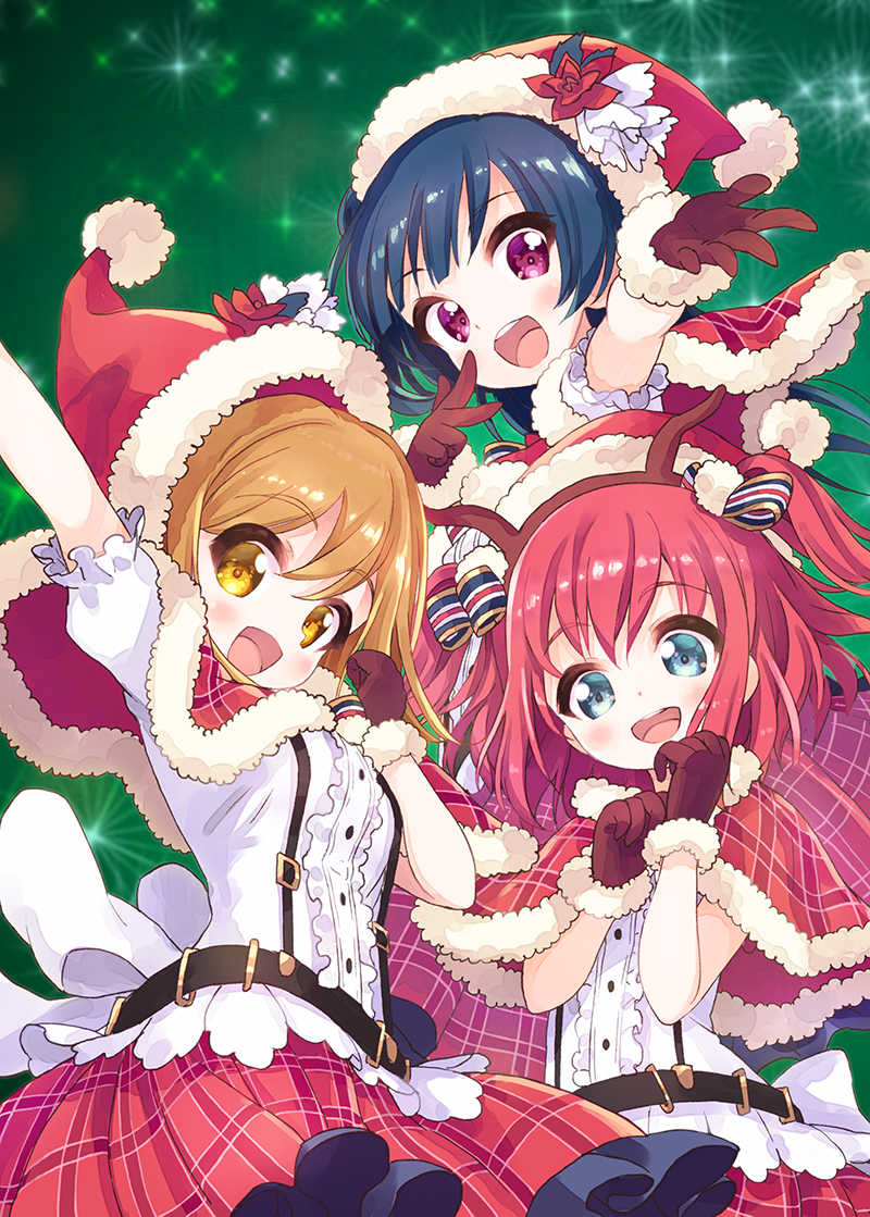 :d antlers arm_up bangs belt black_gloves blue_eyes blue_hair bow brown_hair capelet center_frills christmas clenched_hands flower frilled_sleeves frills fur-trimmed_capelet fur_trim gloves hair_bow hairband hat jingle_bells_ga_tomaranai kunikida_hanamaru kurosawa_ruby long_hair looking_at_viewer love_live! love_live!_sunshine!! open_mouth outstretched_hand redhead reindeer_antlers santa_hat sash short_sleeves skirt smile sparkle striped striped_bow suspenders tamanaga_haru tsushima_yoshiko two_side_up violet_eyes w yellow_eyes