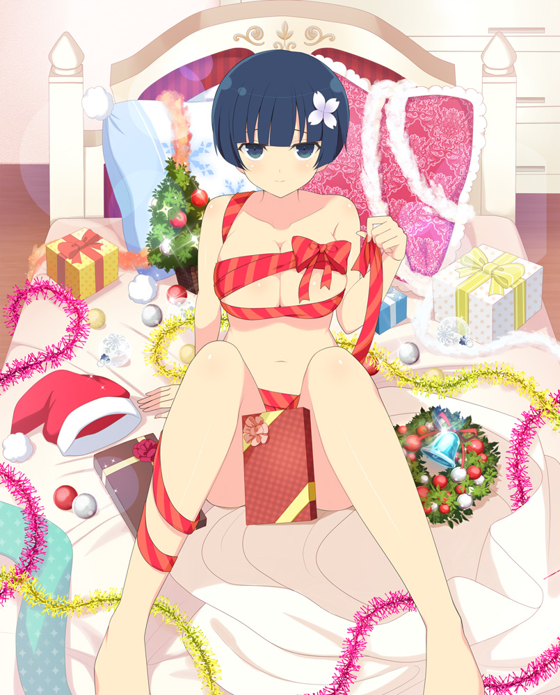 1girl bangs barefoot bell black_eyes black_hair blunt_bangs blush bowl_cut box breasts christmas_ornaments cleavage closed_mouth convenient_censoring flower gift gift_box hair_flower hair_ornament hat hat_removed headwear_removed knees_up large_breasts looking_at_viewer naked_ribbon navel official_art on_bed pillow ribbon santa_hat senran_kagura_(series) senran_kagura_new_wave senran_kagura_shinovi_versus short_hair sitting smile solo spread_legs striped striped_ribbon yaegashi_nan yozakura_(senran_kagura)