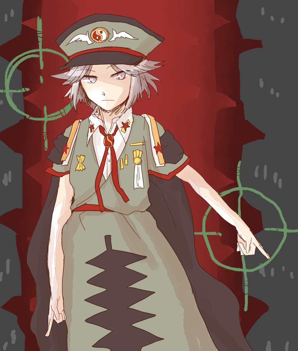 androgynous fujiwara_no_shirogane_no_sanra grey_eyes hat highres len'en military military_hat military_uniform peaked_cap short_hair silver_hair solo uniform