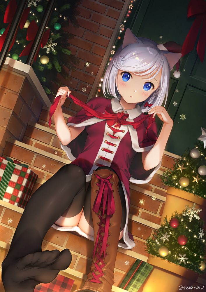 1girl :o animal_ears artist_name bangs black_legwear blue_eyes blush boots bow bowtie box braid breasts brick_wall brown_boots building cape cat_ears christmas_ornaments christmas_tree cleavage commentary_request eyebrows_visible_through_hair flower_pot gift gift_box hair_bow hat house knee_boots mini_hat minyon original parted_lips plant potted_plant red_bow red_bowtie red_cape red_hat santa_hat shiny shiny_hair short_hair silver_hair single_boot single_braid sitting small_breasts snowflakes soles stairs swept_bangs tareme thigh-highs thighs twitter_username untying
