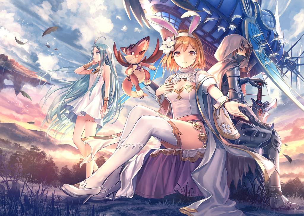 1boy 2girls ahoge aircraft airship alternate_costume animal animal_ears armor armored_boots bangs bare_shoulders beckoning belt bird blonde_hair blue_eyes blue_hair blue_sky boots breasts bridal_gauntlets brown_eyes brown_hair cape cleavage cloak closed_mouth coin_(ornament) day djeeta_(granblue_fantasy) dress fake_animal_ears floating_island flower flying from_below gauntlets gem gran_(granblue_fantasy) granblue_fantasy grass hair_flower hair_ornament hairband halterneck hand_on_breast hand_on_own_face high_heels hood hooded_cloak leaf leotard long_hair looking_at_another looking_at_viewer looking_away looking_back looking_down lyria_(granblue_fantasy) mask medium_breasts mountain multiple_girls outdoors outstretched_arm palms planted_sword planted_weapon rabbit_ears sage_(granblue_fantasy) shoes short_dress short_hair short_sleeves siro sitting sky sleeveless sleeveless_dress small_breasts smile sparkle standing sword thigh-highs thighlet tree twilight vee_(granblue_fantasy) very_long_hair weapon white_cape white_dress white_flower white_legwear white_leotard white_shoes wind wrist_cuffs