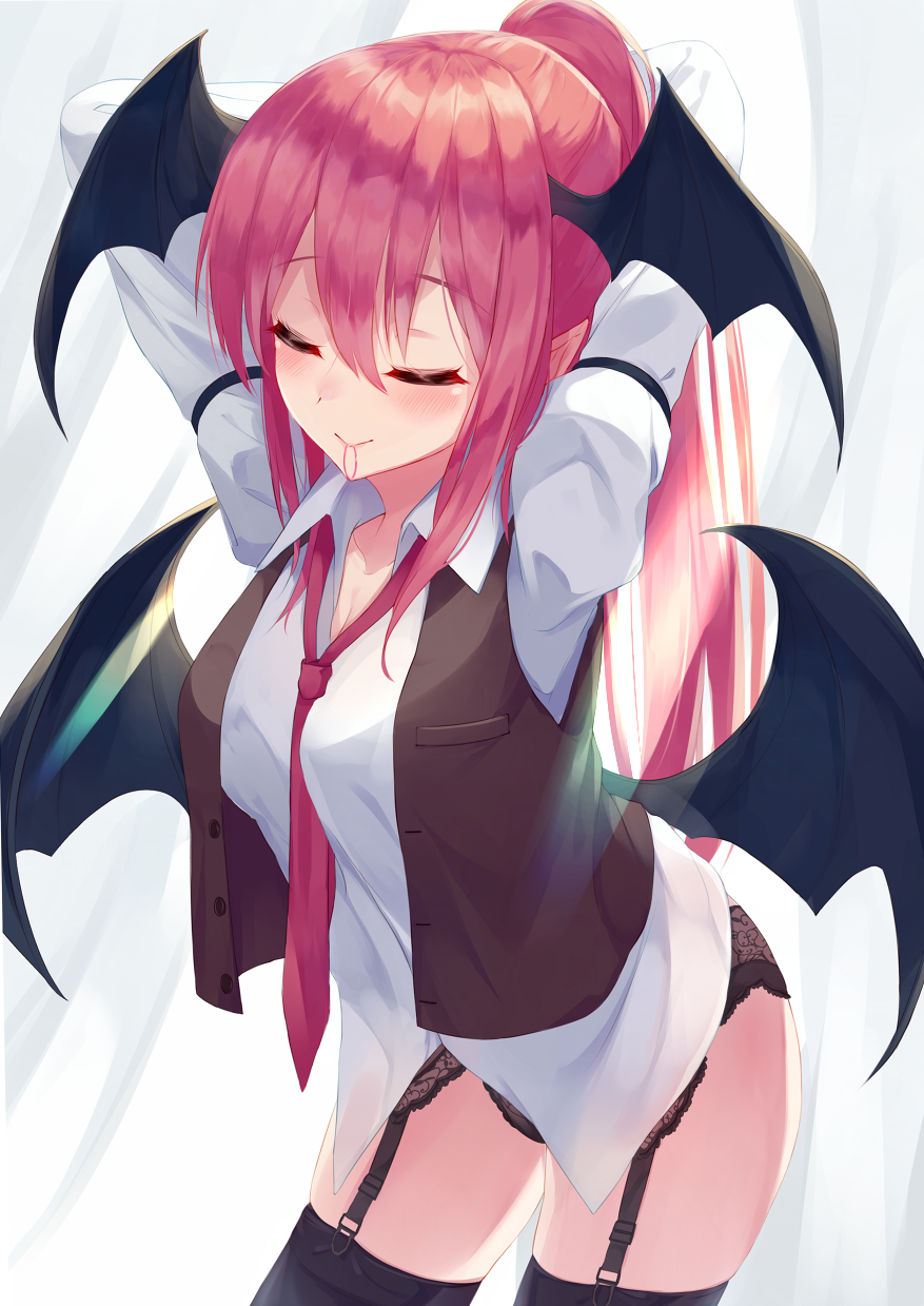 1girl adjusting_hair alternate_hairstyle arm_garter arms_behind_back black_legwear black_panties black_vest blush breasts cleavage closed_eyes closed_mouth commentary_request cowboy_shot demon_girl demon_wings dress_shirt garter_belt hair_between_eyes head_wings highres igakusei juliet_sleeves koakuma lace lace-trimmed_panties leaning_forward long_hair long_sleeves medium_breasts mouth_hold necktie no_pants open_clothes open_vest panties pointy_ears puffy_sleeves red_necktie redhead revision shirt sidelocks smile solo sunlight thigh-highs touhou underwear vest white_shirt wings