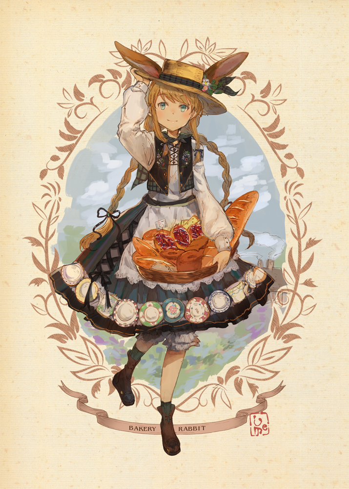 1girl apron artist_name bangs basket blonde_hair bloomers blue_eyes boots braid bread doughnut dress flower food full_body hair_ribbon hand_on_headwear hat hat_flower holding_basket loaf_of_bread long_hair long_sleeves original ribbon sidelocks smile solo straw_hat swept_bangs twin_braids ume_(plumblossom) underwear very_long_hair vest waist_apron