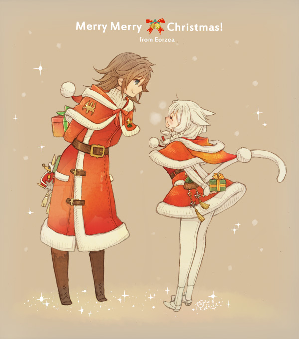 ! 1boy 1girl 2016 animal_ears arms_behind_back bangs belt belt_buckle black_dress blue_eyes blush boots box braid brown_background brown_boots brown_hair buckle capelet cat_ears cat_tail christmas closed_mouth dress english facial_mark final_fantasy final_fantasy_xiv from_side full_body fur_trim gift gift_box hat hiding holding holding_gift hood hood_down leaning_forward legs_apart long_hair long_sleeves looking_at_another merry_christmas miqo'te pantyhose pom_pom_(clothes) profile ren-co robe santa_costume santa_hat shoes short_dress signature smile snowing sparkle standing stuffed_toy tail twin_braids white_hair white_legwear white_shoes