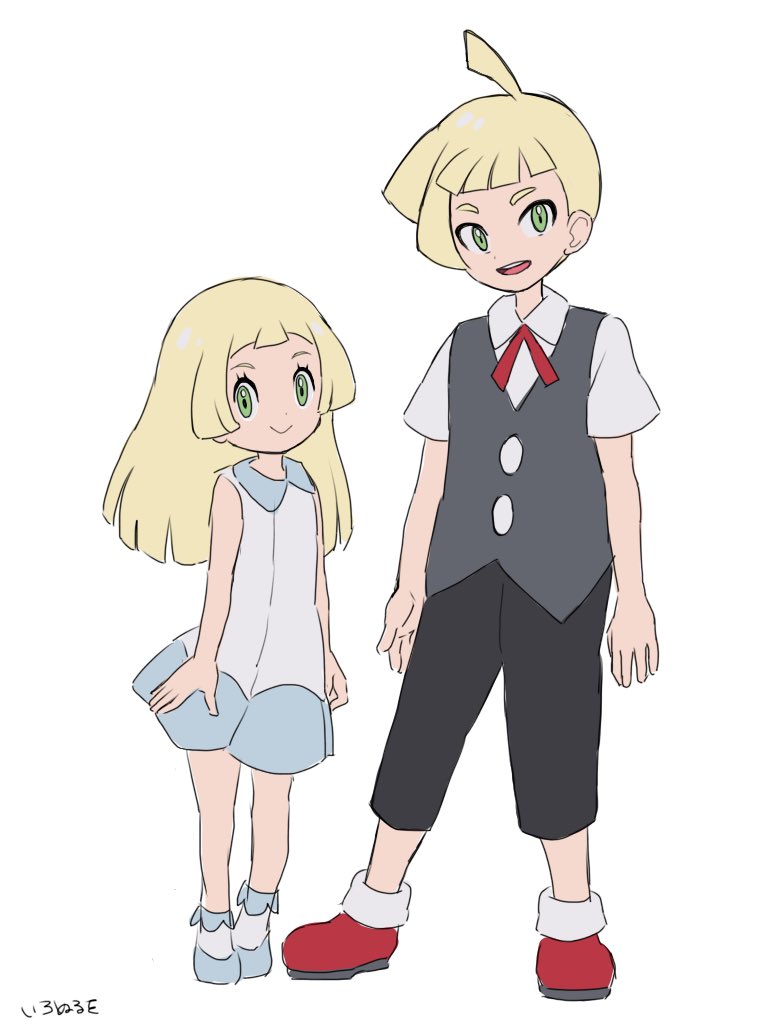 1boy 1girl black_pants blonde_hair brother_and_sister capri_pants dress flat_color full_body gladio_(pokemon) green_eyes koutetsu_(fe_steel_stone) lillie_(pokemon) long_hair open_mouth pants pokemon pokemon_(anime) pokemon_sm_(anime) short_hair siblings simple_background sleeveless sleeveless_dress smile white_background white_dress younger