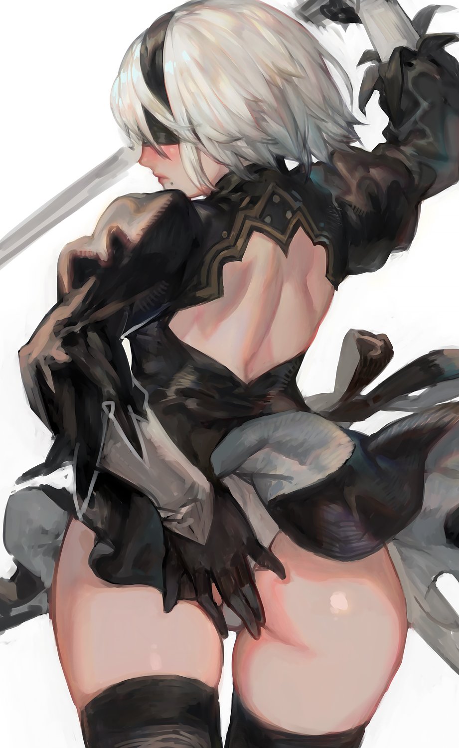 1girl aoin ass back blindfold blush covering covering_ass gloves highres mole mole_under_mouth nier_(series) nier_automata panties silver_hair skirt sword thigh-highs underwear weapon yorha_unit_no._2_type_b