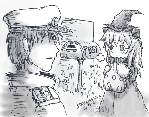 1boy 1girl admiral_(kantai_collection) faceless faceless_male flower halloween halloween_costume hat kantai_collection lowres mailbox military_uniform monochrome nature northern_ocean_hime ooguchiboya outdoors plant shinkaisei-kan uniform upper_body witch_hat