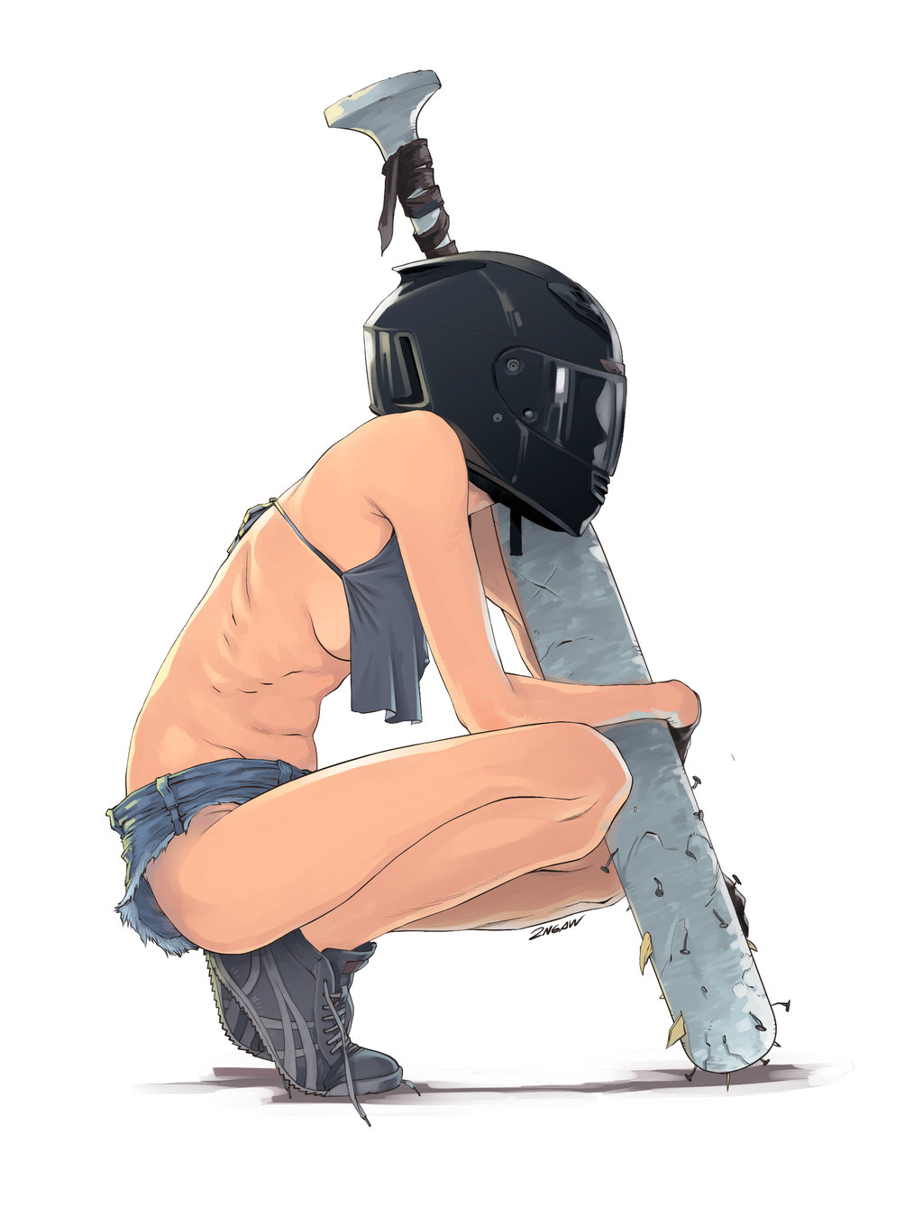 1girl 2ngaw bare_back baseball_bat crop_top crop_top_overhang gloves helmet highres motorcycle_helmet nail nail_bat shoes short_shorts shorts sneakers solo squatting untied_shoe weapon