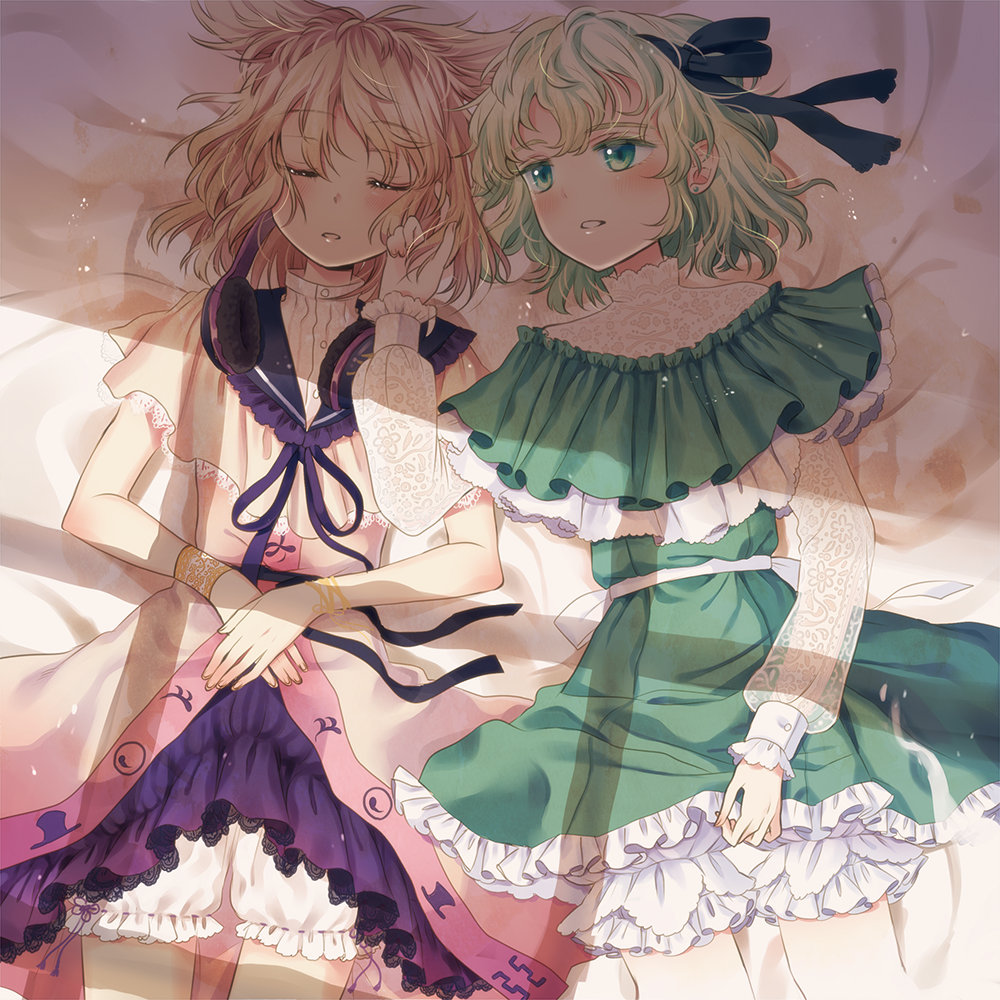 2girls :d bed_sheet black_bow blonde_hair bloomers blush bow bracelet closed_eyes colored_eyelashes cowboy_shot dress embellished_costume eyebrows_visible_through_hair frilled_shirt_collar frills green_dress green_eyes green_hair hair_bow hair_flaps hand_in_another's_hair headphones headphones_around_neck indoors jewelry layered_dress long_sleeves lying messy_hair multiple_girls on_back on_bed open_mouth own_hands_together parted_lips purple_skirt retota see-through short_hair skirt sleeping smile soga_no_tojiko sunlight teeth touhou toyosatomimi_no_miko underwear wristband yuri