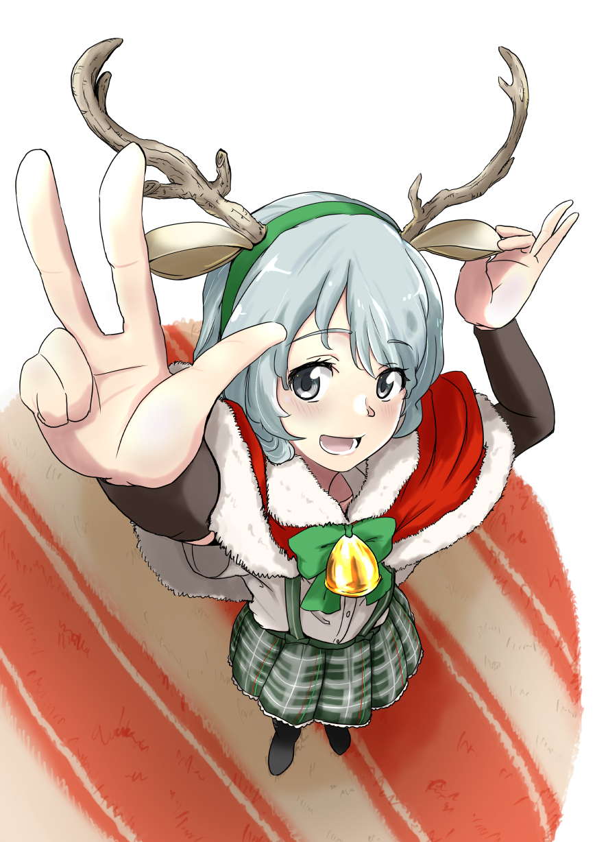 1girl adapted_costume adjusting_hair_ornament antlers arm_warmers bell black_legwear braid capelet from_above grey_eyes hair_ornament hairband highres kantai_collection long_hair open_mouth pantyhose pleated_skirt rakisuto1 reindeer_antlers rug school_uniform shirt silver_hair single_braid skirt smile solo suspenders wavy_hair white_shirt yamagumo_(kantai_collection)