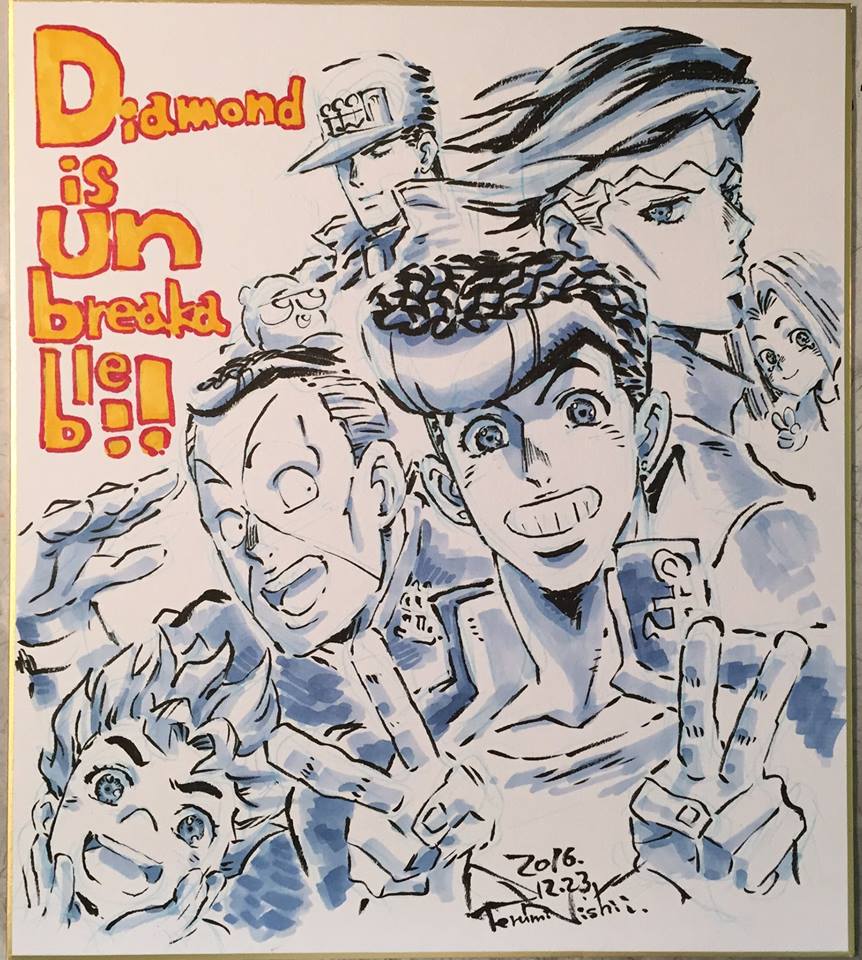 6+boys copyright_name hat higashikata_jousuke hirose_kouichi jojo_no_kimyou_na_bouken kawajiri_hayato kishibe_rohan kuujou_joutarou monochrome multiple_boys nijimura_okuyasu nishii_terumi official_art pompadour school_uniform spot_color uniform upper_body