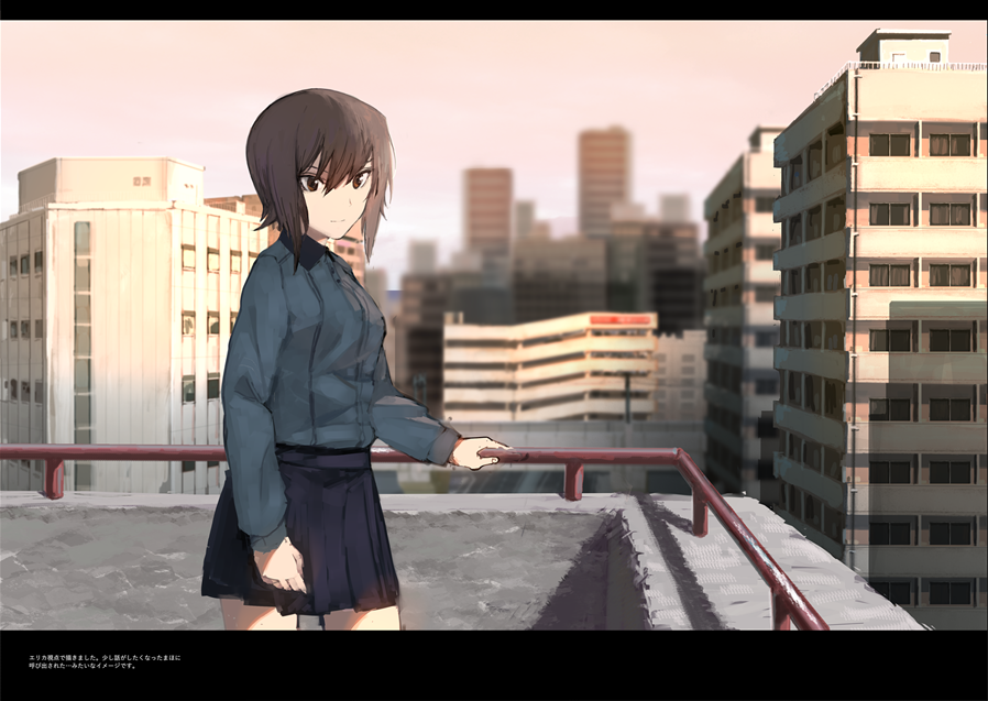 1girl blurry brown_eyes brown_hair building cityscape comic depth_of_field fujibejifu girls_und_panzer hair_between_eyes holding_railing long_sleeves looking_at_viewer military military_uniform nishizumi_maho on_roof outdoors pleated_skirt railing shadow short_hair skirt skyscraper smile solo translation_request uniform window