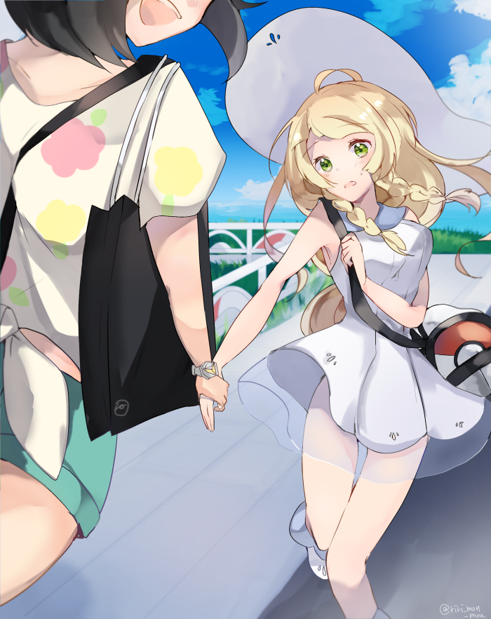 2girls alternate_breast_size bag bangs bare_arms black_hair blonde_hair blue_sky blunt_bangs bracelet braid breasts collared_dress day dress duffel_bag female_protagonist_(pokemon_sm) floral_print green_eyes hand_holding handbag hat jewelry kneehighs lillie_(pokemon) long_hair medium_breasts multiple_girls poke_ball_theme pokemon pokemon_(game) pokemon_sm ririmon shirt short_hair sky sleeveless sleeveless_dress sun_hat sundress tied_shirt twin_braids white_dress white_hat white_legwear white_shirt z-ring