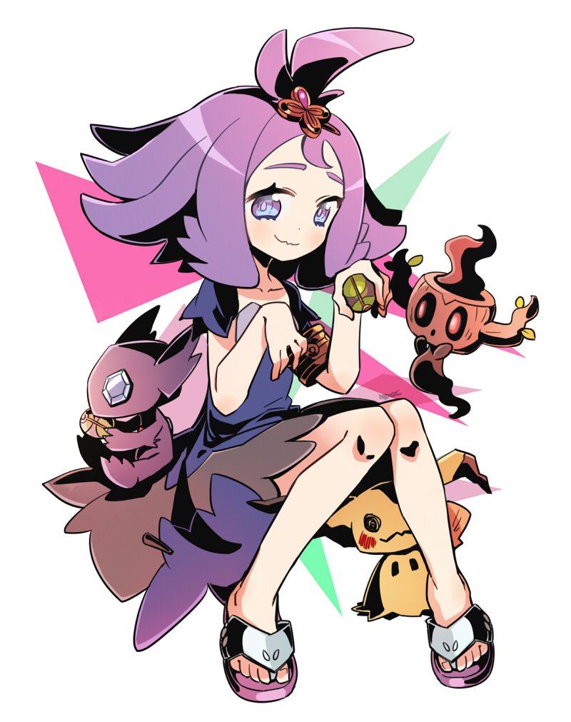 1girl :3 acerola_(pokemon) blush dress dusk_ball feet flipped_hair hair_ornament hairclip keijou_(cave) looking_at_viewer mimikyu paw_pose phantump poke_ball pokemon pokemon_(game) pokemon_sm purple_dress purple_hair sableye sandals short_hair short_sleeves simple_background sitting skirt solo violet_eyes wavy_mouth white_background