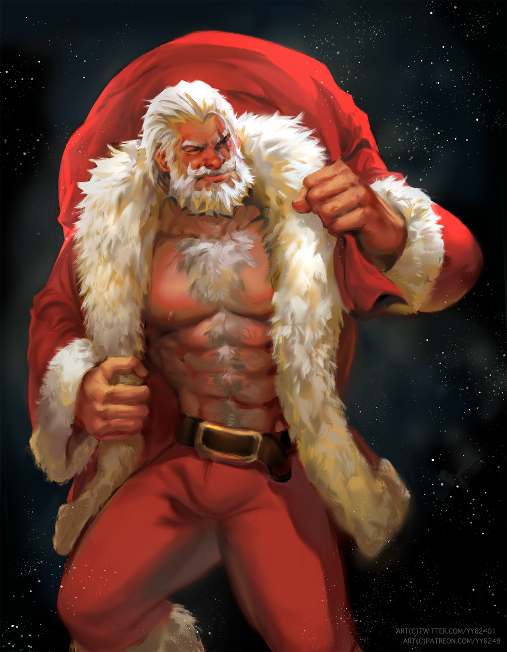 1boy abs beard belt chest_hair facial_hair fur_collar fur_trim highres jacket male_focus manly muscle open_clothes open_jacket overwatch reinhardt_(overwatch) sack santa_costume scar scar_across_eye snow solo watermark web_address white_hair yy6242