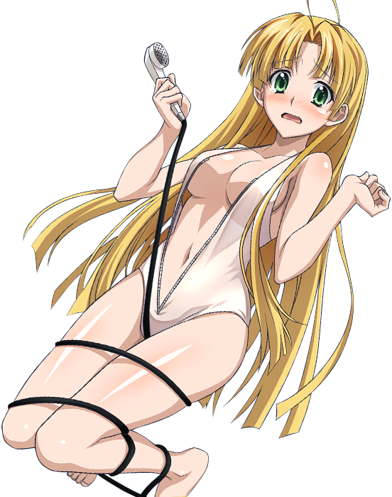 1girl ahoge asia_argento barefoot blonde_hair breasts casual_one-piece_swimsuit cleavage feet green_eyes high_school_dxd long_hair looking_at_viewer medium_breasts navel one-piece_swimsuit open_mouth solo swimsuit tears transparent_background unzipped