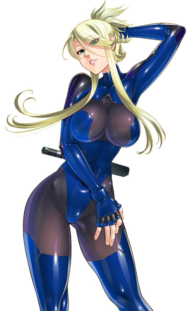 1girl arm_up blonde_hair blue_bodysuit blue_gloves bodysuit breasts eye_visible_through_hair feet_out_of_frame female fingerless_gloves gloves green_eyes hair_up hand_behind_head highres large_breasts leotard lilith-soft lipstick long_hair looking_at_viewer makeup parted_lips sidelocks simple_background skin_tight slender_waist smile solo standing thigh-highs touko_von_messerschmitt white_background zol