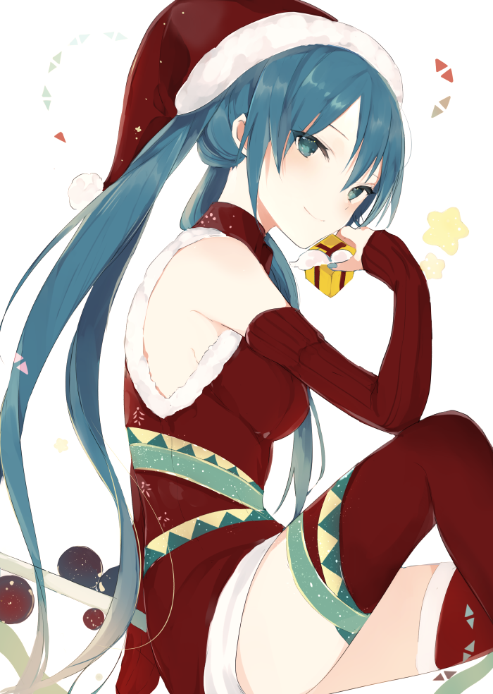 1girl alternate_costume arm_warmers blue_eyes blue_hair blue_nails blush box breasts dress eyebrows_visible_through_hair from_side gift gift_box hat hatsune_miku holding holding_gift knee_up looking_at_viewer looking_to_the_side lpip matching_hair/eyes medium_breasts nail_polish red red_dress red_hat red_legwear santa_costume simple_background sitting sleeveless sleeveless_dress smile solo thigh-highs tsurime twintails vocaloid white_background zettai_ryouiki