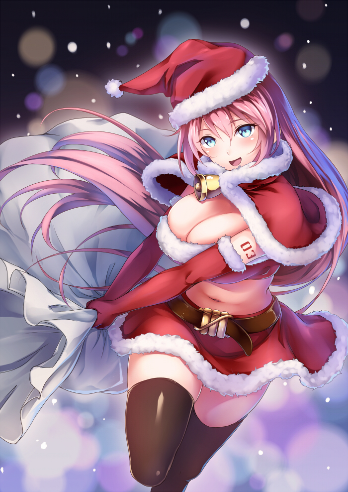 1girl :d arm_tattoo bangs bell belt bit_(keikou_syrup) black_legwear blue_eyes blurry blush bokeh breasts capelet christmas depth_of_field elbow_gloves eyebrows_visible_through_hair floating_hair fur_trim gloves hair_between_eyes hat holding large_breasts leg_up long_hair megurine_luka midriff miniskirt navel number open_mouth red_gloves red_hat red_skirt sack santa_costume santa_hat skirt smile solo standing standing_on_one_leg stomach tattoo thigh-highs v_arms very_long_hair vocaloid zettai_ryouiki