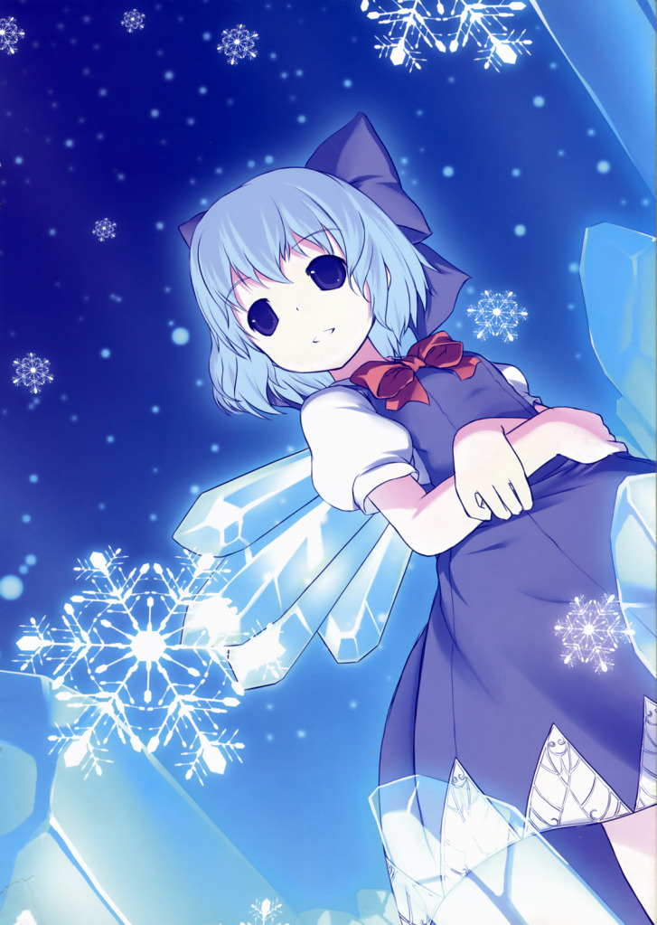 1girl blue blue_background blue_bow blue_dress blue_eyes blue_hair bow cirno crossed_arms dress dutch_angle embellished_costume hair_bow ice ice_wings looking_away matching_hair/eyes puffy_short_sleeves puffy_sleeves red_bow shiratama_dango short_hair short_sleeves smile snow snowflakes snowing solo touching touhou wings