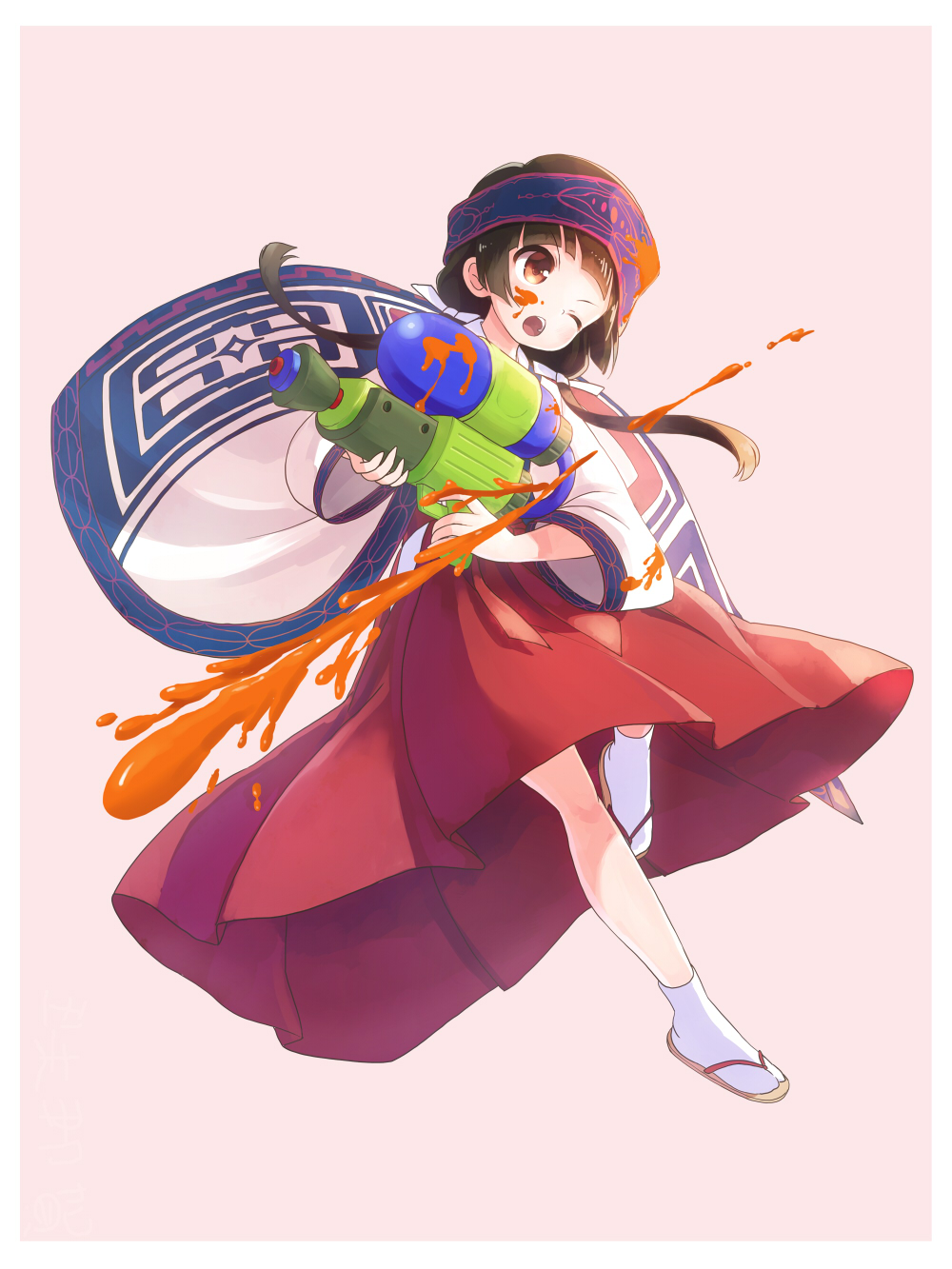 &gt;;o 1girl ainu_clothes amayadori_machi bangs black_hair blunt_bangs brown_eyes commentary_request crossover full_body hakama headband highres japanese_clothes kumamiko long_hair one_eye_closed paint_on_face pink_background red_hakama sandals simple_background solo splatoon splattershot_(splatoon) standing standing_on_one_leg tabi tamanaga_haru twintails white_border