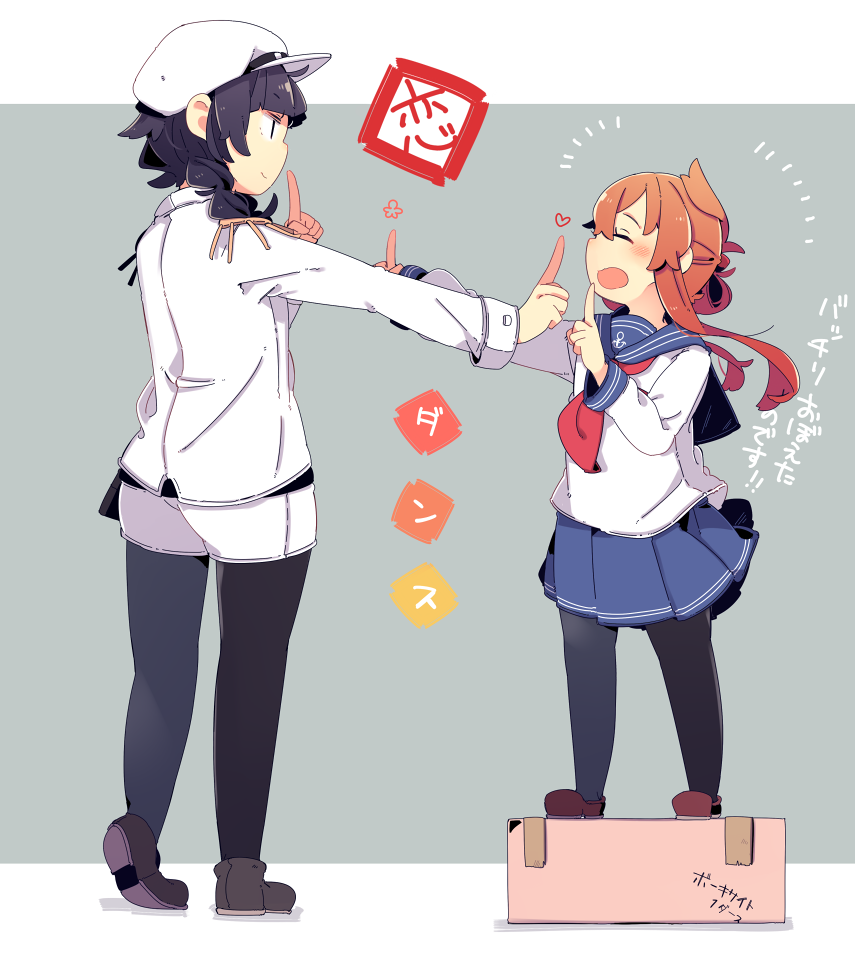 2girls anchor_print bangs black_hair blunt_bangs box braid brown_hair cardboard_box closed_eyes epaulettes female_admiral_(kantai_collection) finger_to_another's_mouth finger_to_mouth folded_ponytail hair_ornament hairclip hand_up hat heart inazuma_(kantai_collection) index_finger_raised kantai_collection koi_dance koi_kaze_(the_idolmaster) long_sleeves military military_hat military_uniform multiple_girls neckerchief open_mouth pantyhose peaked_cap pekeko_(pepekekeko) pen-pineapple-apple-pen pleated_skirt school_uniform serafuku shoes shorts sidelocks skirt smile standing_on_object translated uniform watabe_koharu