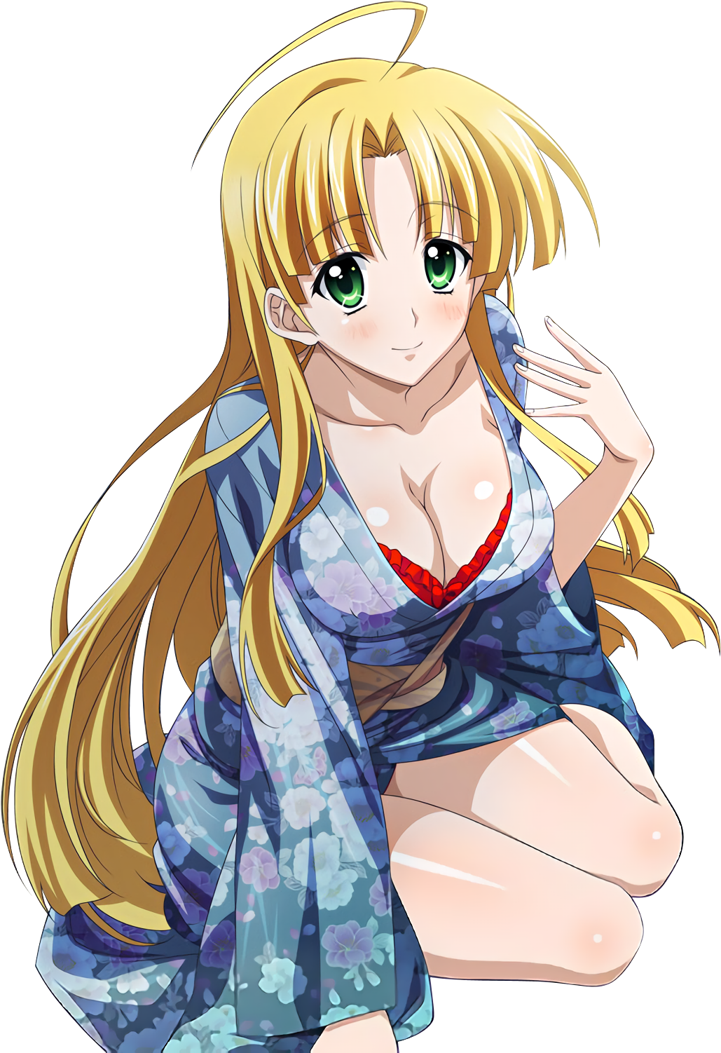 1girl ahoge asia_argento blonde_hair bra breasts cleavage collarbone green_eyes high_school_dxd highres japanese_clothes kimono long_hair looking_at_viewer medium_breasts red_bra simple_background sitting smile solo transparent_background underwear yukata