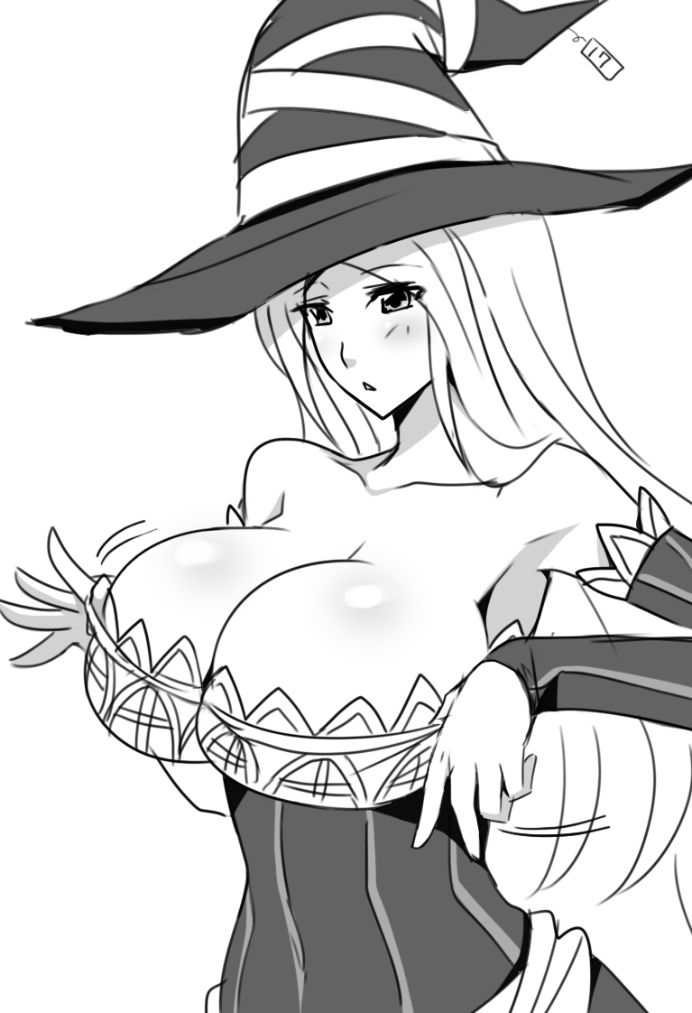 1girl armpits bare_shoulders blush breasts cleavage darkmaya detached_sleeves dragon's_crown dress eyebrows eyebrows_visible_through_hair eyelashes hat huge_breasts large_breasts long_hair looking_at_breasts monochrome solo sorceress_(dragon's_crown) strapless strapless_dress witch_hat