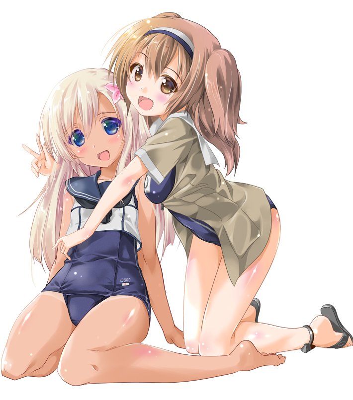 2girls blonde_hair blue_eyes breasts crop_top flower hair_flower hair_ornament hairband hibiscus i-26_(kantai_collection) kantai_collection kneeling komatsu_eiji large_breasts light_brown_eyes light_brown_hair long_hair multiple_girls name_tag new_school_swimsuit one-piece_swimsuit ro-500_(kantai_collection) sailor_collar sandals school_swimsuit school_uniform serafuku short_sleeves swimsuit swimsuit_under_clothes tan two-tone_hairband two_side_up