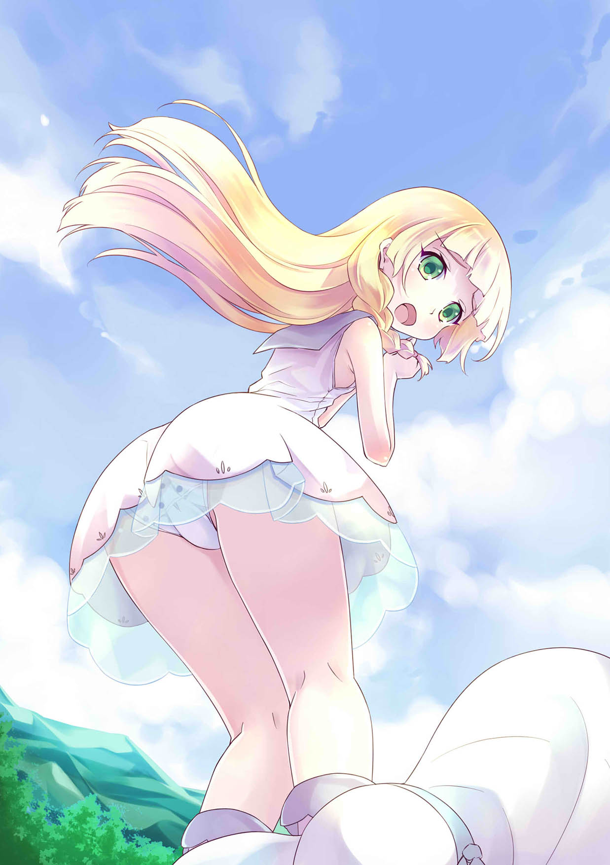 1girl 54hao :o ass bangs bare_arms blonde_hair blue_sky blunt_bangs braid clouds collared_dress day dress green_eyes hat hat_removed headwear_removed highres kneehighs kneepits lillie_(pokemon) long_hair looking_back open_mouth panties pantyshot pantyshot_(standing) pokemon pokemon_(game) pokemon_sm sky solo standing sun_hat sundress twin_braids underwear white_legwear white_panties