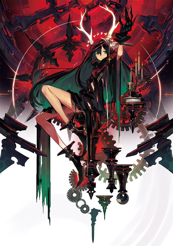 1girl antlers arm_up black_hair boots candle candlestand claws commentary_request floating_object gears gloves green_eyes long_hair original sitting solo tarot wheel_of_fortune_(tarot_card) yui_(niikyouzou)
