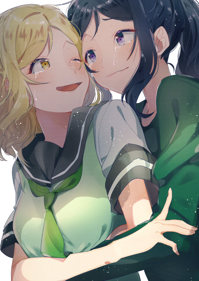 2girls black_hair blonde_hair blush crying eye_contact hug hug_from_behind long_hair looking_at_another love_live! love_live!_school_idol_project love_live!_sunshine!! matsuura_kanan multiple_girls neckerchief ohara_mari one_eye_closed open_mouth ponytail school_uniform serafuku short_hair smile tears upper_body violet_eyes white_background yellow_eyes yuno_tsuitta yuri