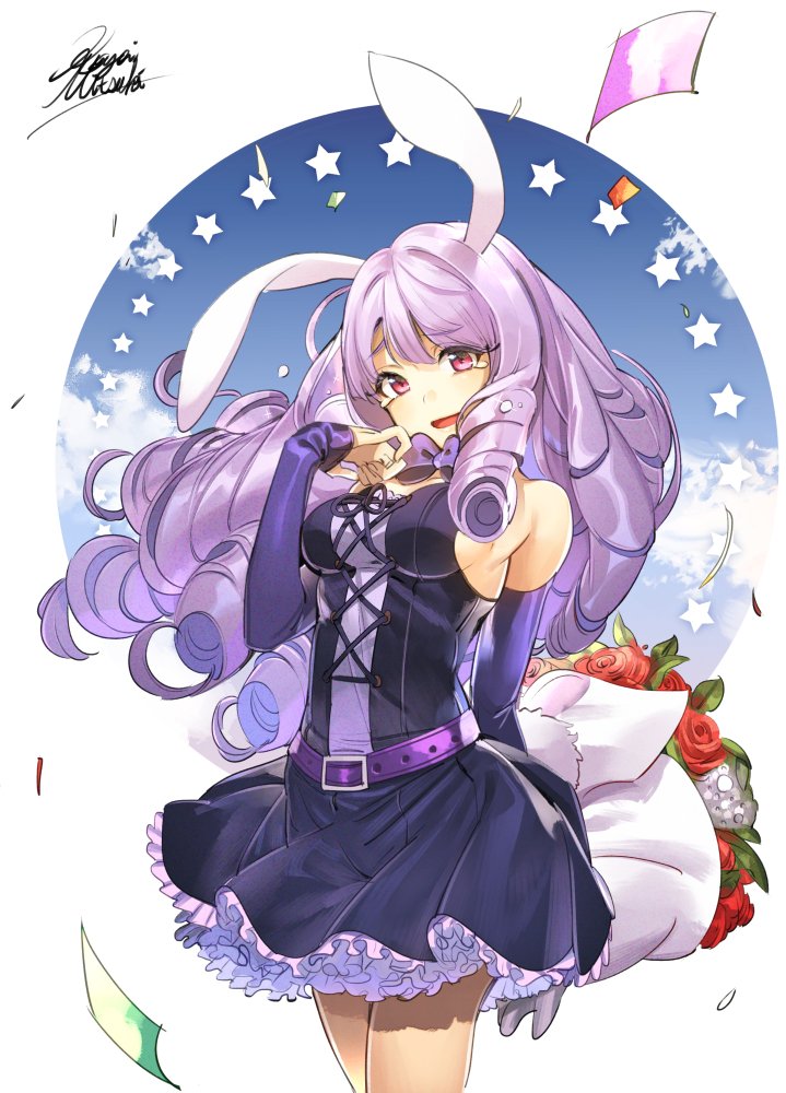 1girl animal_ears artist_name black_skirt blue_sky bouquet breasts chuchu_(show_by_rock!!) clouds cloudy_sky confetti cowboy_shot curly_hair detached_sleeves flower frilled_skirt frills garakuta_omocha holding holding_bouquet long_hair looking_at_viewer open_mouth petticoat purple_hair rabbit_ears show_by_rock!! sideboob signature skirt sky sleeveless smile solo star tears thighs violet_eyes white_background