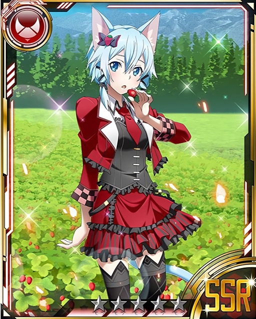 1girl animal_ears black_legwear black_ribbon black_shorts blue_eyes blue_hair card_(medium) cat_ears cat_tail food frilled_skirt frills fruit gothic_lolita hair_between_eyes hair_ribbon holding holding_fruit jacket layered_skirt lolita_fashion looking_at_viewer matching_hair/eyes necktie open_clothes open_jacket open_mouth outdoors red_jacket red_necktie red_skirt ribbon shinon_(sao-alo) short_hair_with_long_locks short_necktie shorts skirt solo star sword_art_online tail thigh-highs