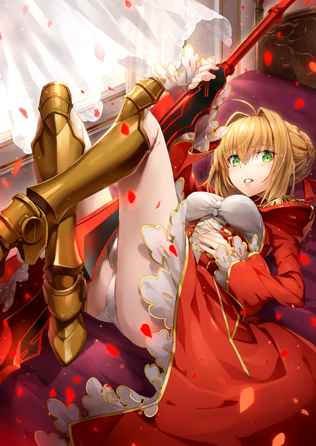 1girl aestus_estus ahoge blonde_hair breasts cleavage epaulettes eyebrows_visible_through_hair fate/extra fate/grand_order fate_(series) gabiran green_eyes legs looking_at_viewer lying on_back panties saber_extra short_hair solo sword underwear upskirt weapon white_panties window