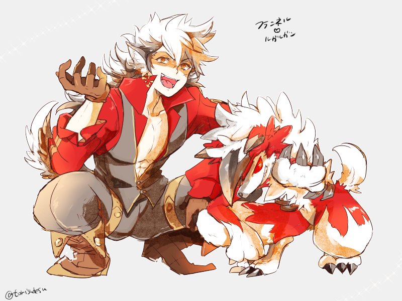 animal_ears boots claws crossover fang fire_emblem fire_emblem_if flannel_(fire_emblem_if) gloves grin looking_at_viewer lycanroc male_focus pokemon pokemon_(creature) pokemon_(game) pokemon_sm smile tail torisudesu wolf wolf_ears wolf_tail
