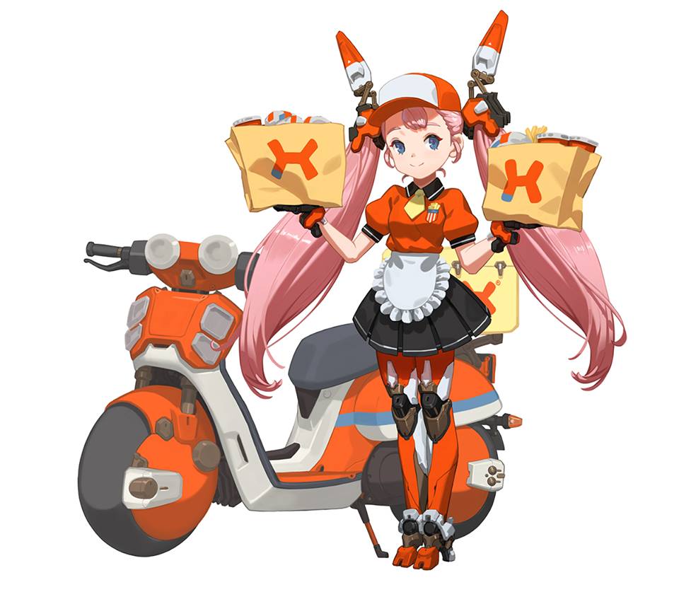 1girl apron bag black_skirt blue_eyes closed_mouth collared_shirt fast_food food french_fries frilled_apron frills full_body ground_vehicle hat head_tilt looking_at_viewer mechanical_hands mechanical_legs motor_vehicle necktie orange_shirt original paper_bag peaked_cap pink_hair plastic_cup pleated_skirt puffy_short_sleeves puffy_sleeves scooter shirt short_necktie short_sleeves simple_background skirt smile solo standing sunkist twintails waist_apron white_background wing_collar yellow_necktie