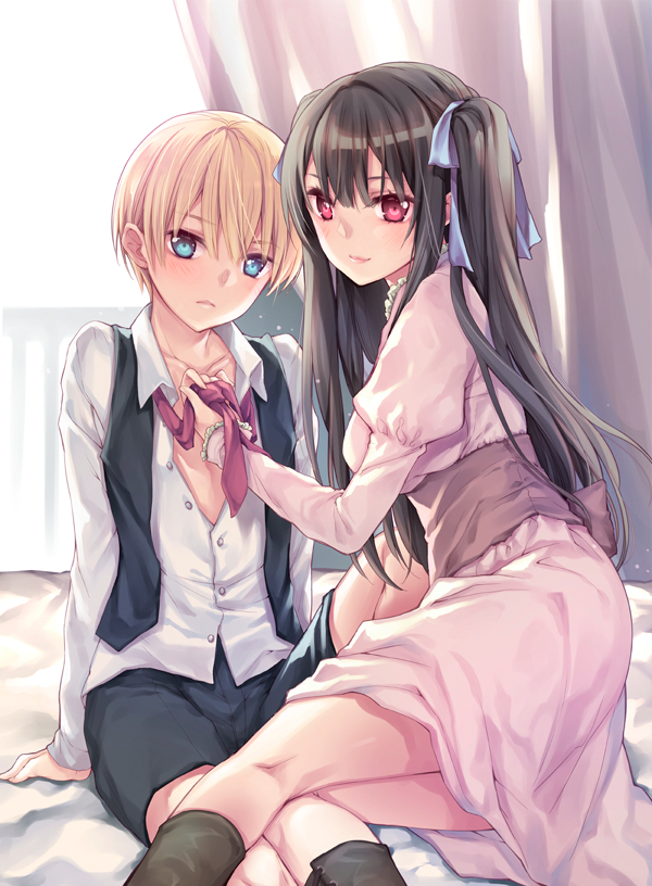 1boy 1girl age_difference arm_support bangs black_hair black_vest blonde_hair blue_eyes blue_ribbon blush breasts closed_mouth cocoa_(cafe-hotcocoa) collarbone dress dress_shirt hair_between_eyes hair_ribbon juliet_sleeves long_hair long_sleeves looking_at_viewer medium_breasts on_bed open_clothes open_vest original pink_dress puffy_sleeves red_eyes ribbon sash shirt short_hair shorts smile tress_ribbon two_side_up unbuttoned vest white_shirt