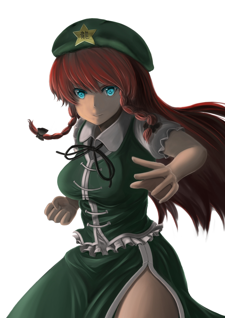 1girl aqua_eyes beret black_bow bow braid breasts chinese_clothes clenched_hand collared_shirt fighting_stance frilled_sleeves frills green_hat green_skirt green_vest hair_bow hat hong_meiling long_hair looking_at_viewer luke_(kyeftss) open_clothes open_skirt puffy_short_sleeves puffy_sleeves redhead shirt short_sleeves side_braid simple_background skirt skirt_set solo star touhou twin_braids very_long_hair vest white_background white_shirt