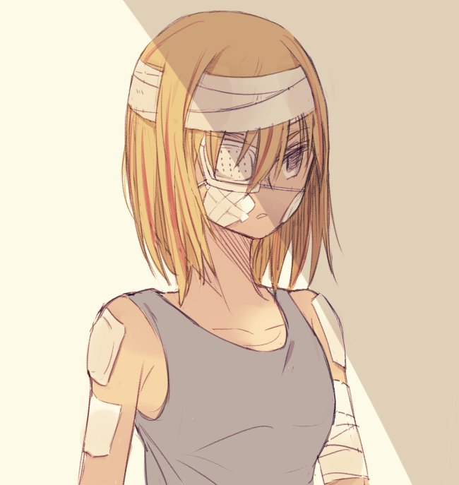 1girl bandage bandage_on_face bandaged_arm bandaid bandaid_on_face blonde_hair echiu eyepatch flip_flappers medical_eyepatch multicolored_hair short_hair solo tank_top yayaka