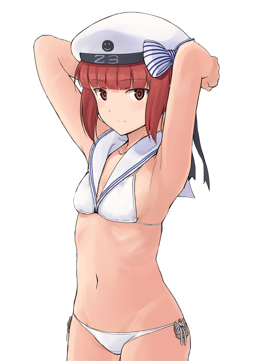 1girl auburn_hair bikini breasts brown_eyes brown_hair clothes_writing cowboy_shot fuyube_gin_(huyube) hat highres kantai_collection light_smile lowleg lowleg_bikini sailor_bikini sailor_collar sailor_hat short_hair small_breasts solo standing swimsuit white_bikini white_hat z3_max_schultz_(kantai_collection)