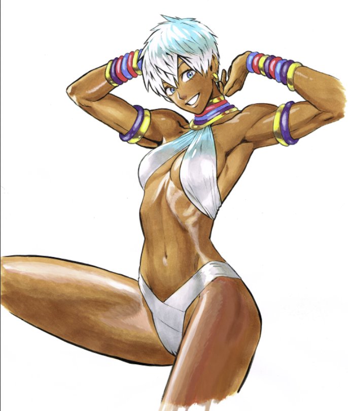 1girl armpits arms_up blue_eyes bracelet breasts cleavage cropped_legs dark_skin earrings elena_(street_fighter) halterneck jewelry looking_at_viewer midriff murata_yuusuke navel neck_ring ribs short_hair silver_hair smile solo street_fighter swimsuit toned traditional_media white_background