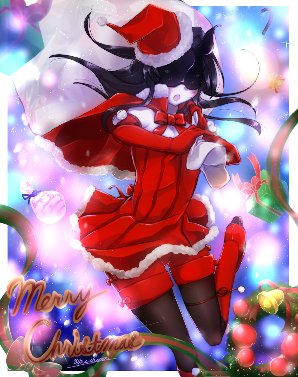 1girl alternate_costume black_hair black_legwear blush boots box capelet christmas dress elbow_gloves fur_trim gift gift_box gloves hat highres horns kantai_collection legwear_under_shorts light_cruiser_hime long_hair looking_at_viewer mask merry_christmas mochitsu_jou open_mouth pale_skin pantyhose red_gloves sack santa_costume santa_hat shinkaisei-kan shorts skirt solo white_skirt