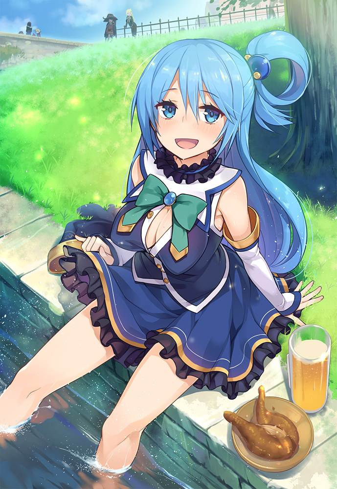 3girls :d alcohol aqua_(konosuba) arm_support bangs bare_legs beer blue_dress blue_eyes blue_hair blue_sky bow breasts chicken_(food) cleavage clouds cloudy_sky collar commentary_request darkness_(konosuba) detached_sleeves dress eyebrows_visible_through_hair food frilled_collar frilled_dress frills grass hair_ornament kono_subarashii_sekai_ni_shukufuku_wo! long_hair medium_breasts megumin multiple_girls open_mouth outdoors plate red_bow sitting skirt_hold sky smile soaking_feet solo_focus tree u-ichi water